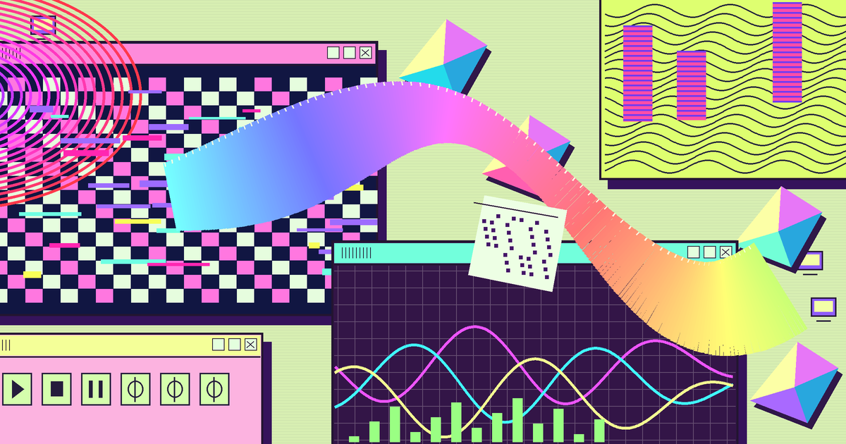 Offset hot-pink computer windows spill checkerboard shards, iridescent ribbons and electric blue waveforms across a pale green desktop.