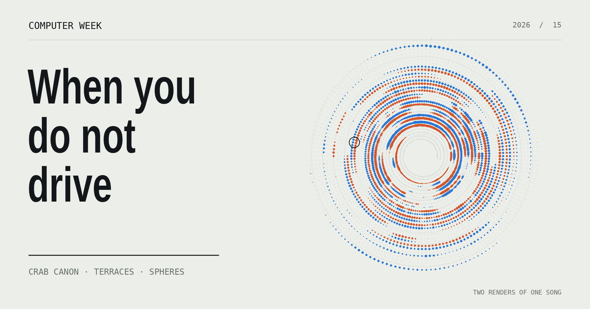 Two interleaved spiral lanes, one ember and one blue, carry the levels of two renders of one song toward a crossing point.