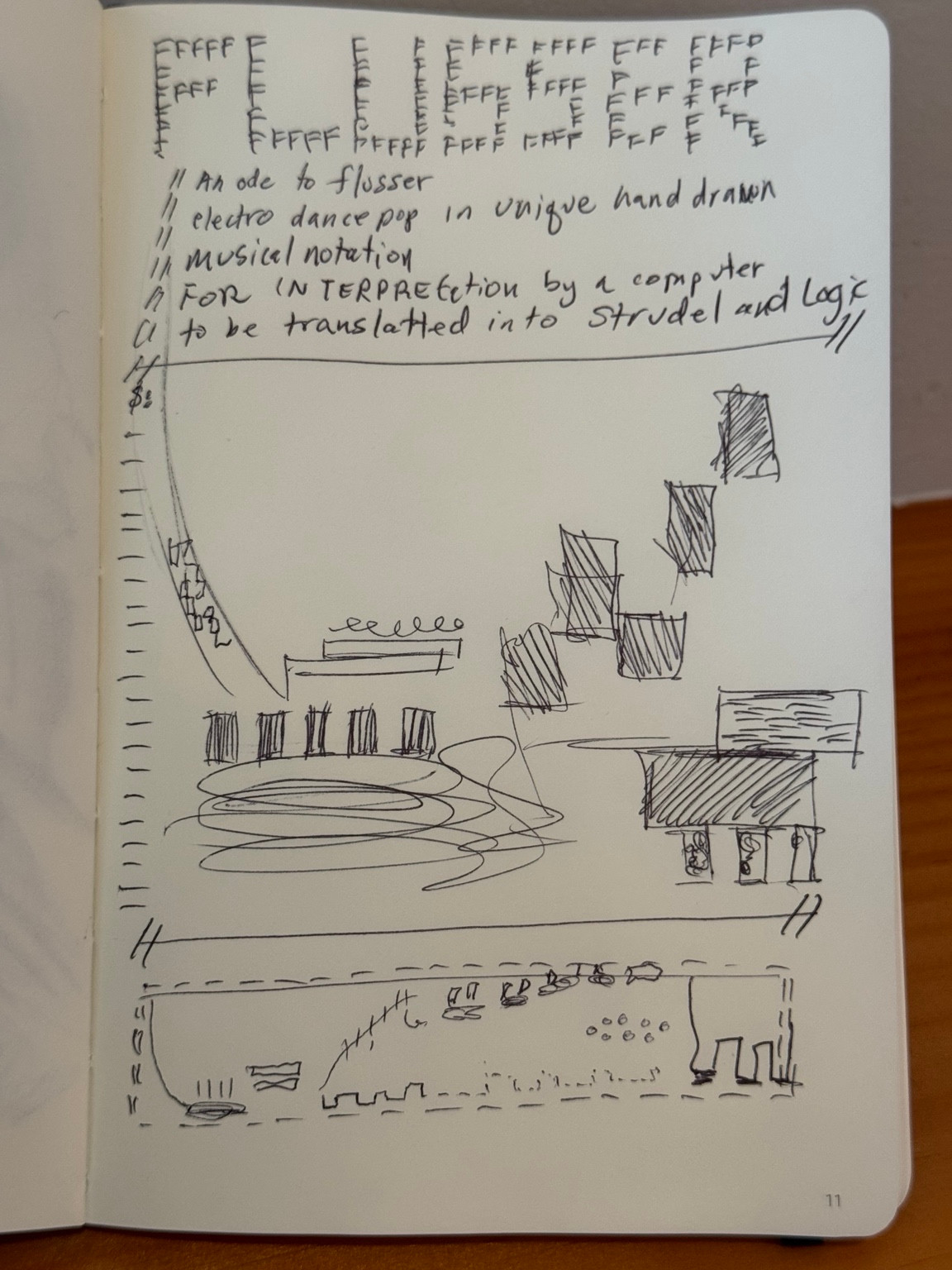 FLUSSER notebook drawing: falling strokes, low loops, rising blocks and three hanging tails.